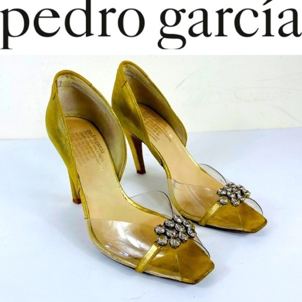 PEDRO GARCIA Retro Gold Metallic Jewel Glitter Peep Toe D'Orsay Heels Shoes 7.5 - Picture 4 of 16
